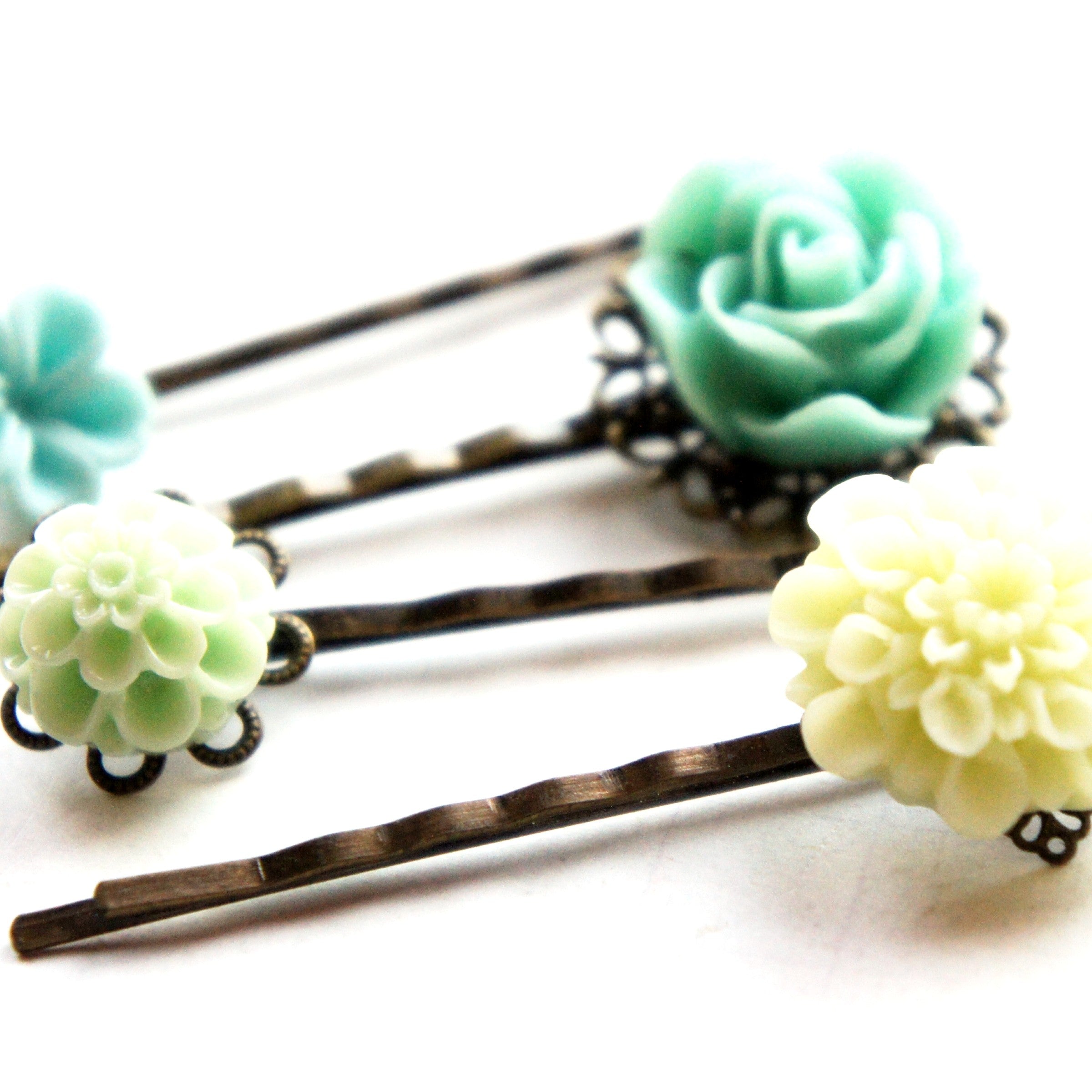 Shades of Green Flower Hair Clips