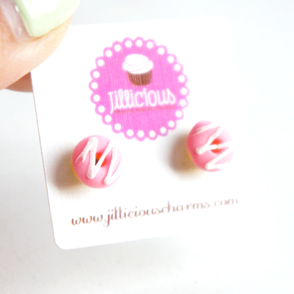 Strawberry Donuts w/ White Chocolate Drizzle Stud Earrings - Jillicious charms and accessories