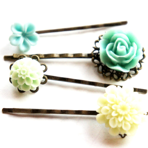 Shades of Green Flower Hair Clips