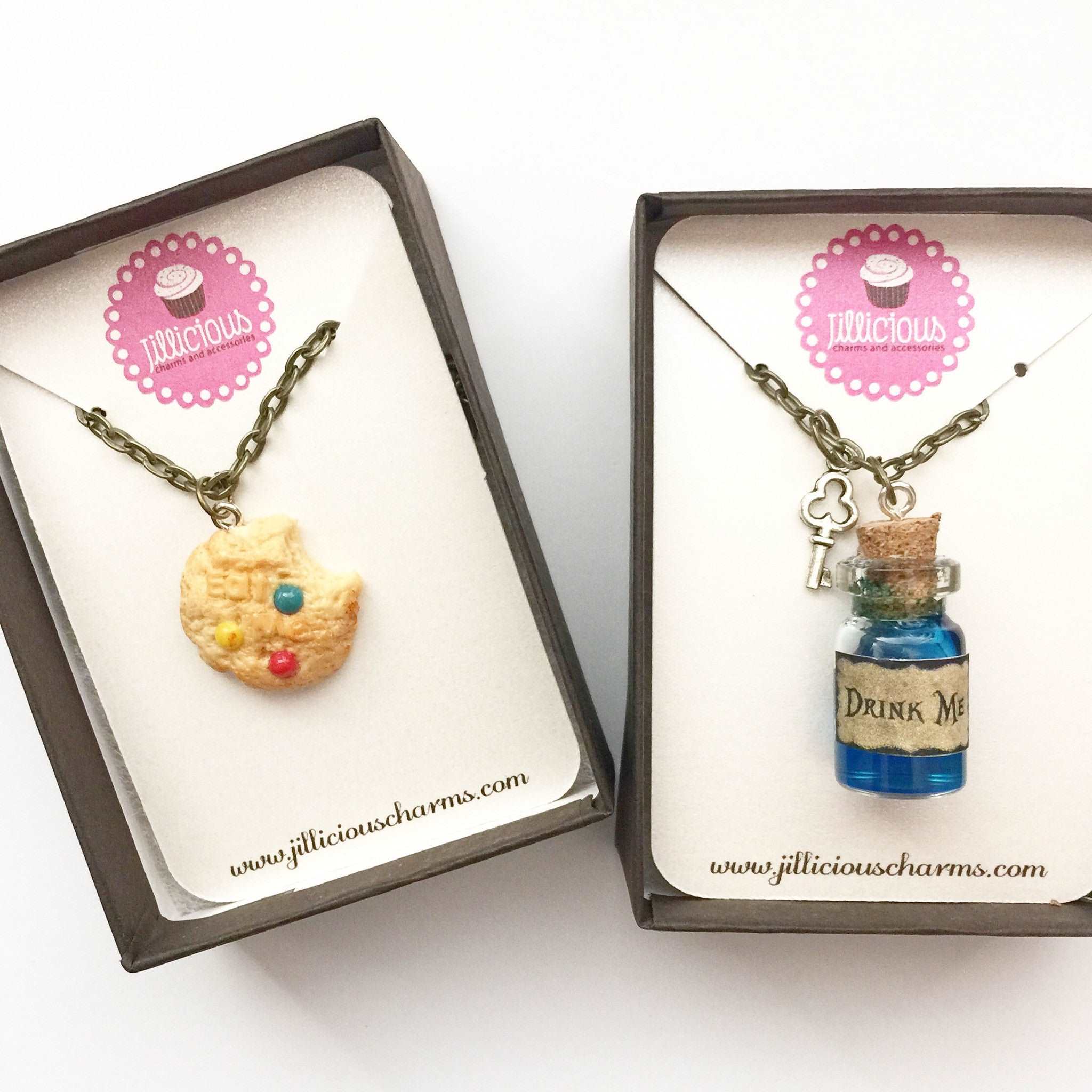 Alice in Wonderland Inspired Friendship Necklace Set- Eat me and Drink me Necklace - Jillicious charms and accessories