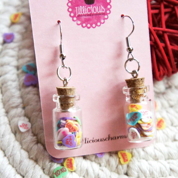 Conversation Hearts Jar Dangle Earrings