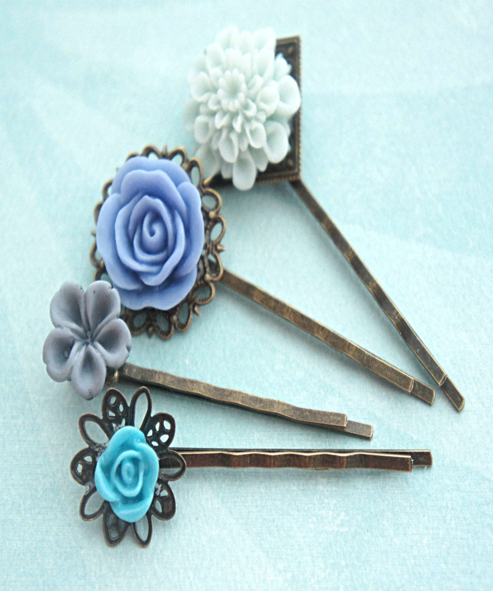 Shades of Blue Flower Hair Clips - Jillicious charms and accessories