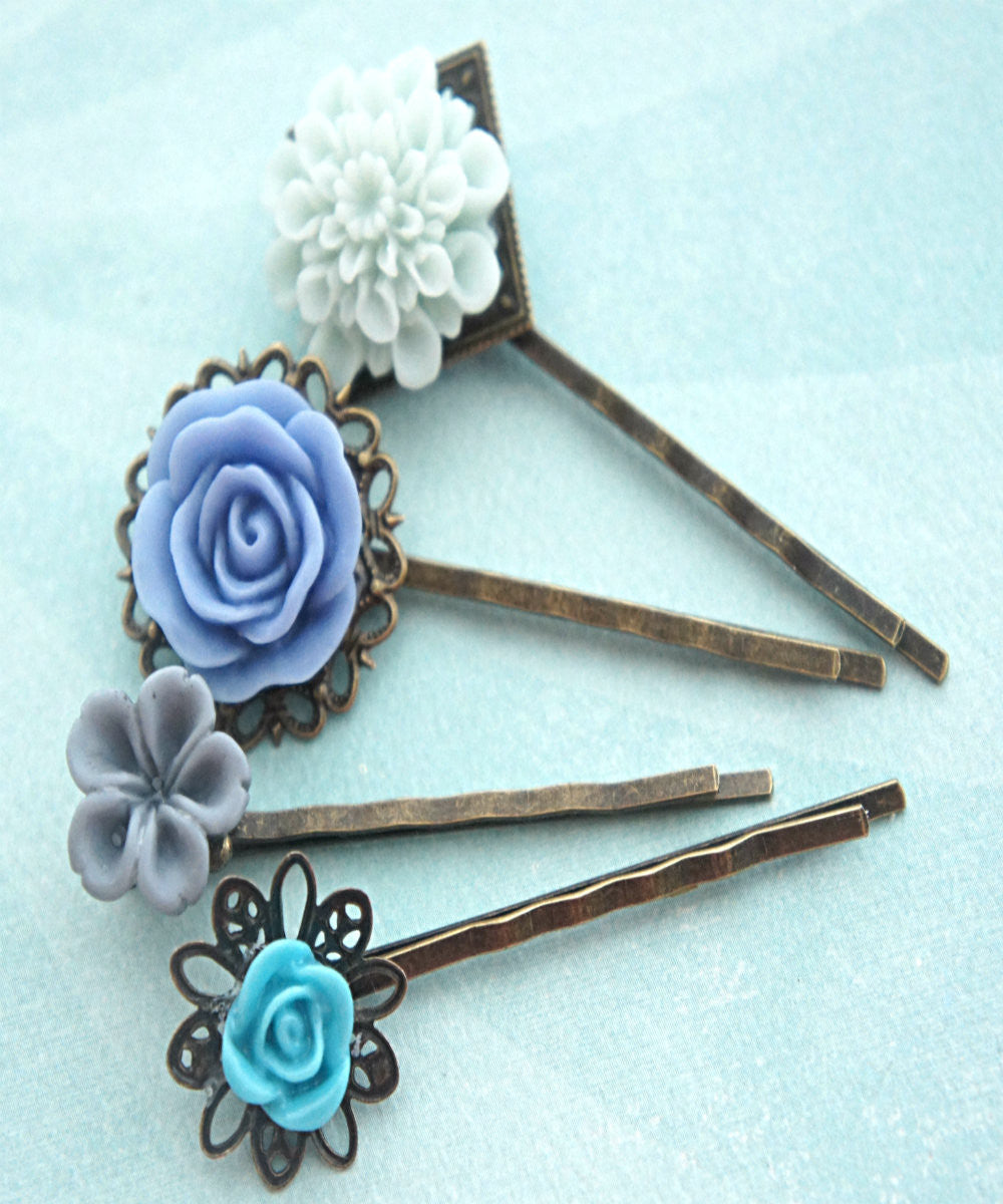 Shades of Blue Flower Hair Clips - Jillicious charms and accessories