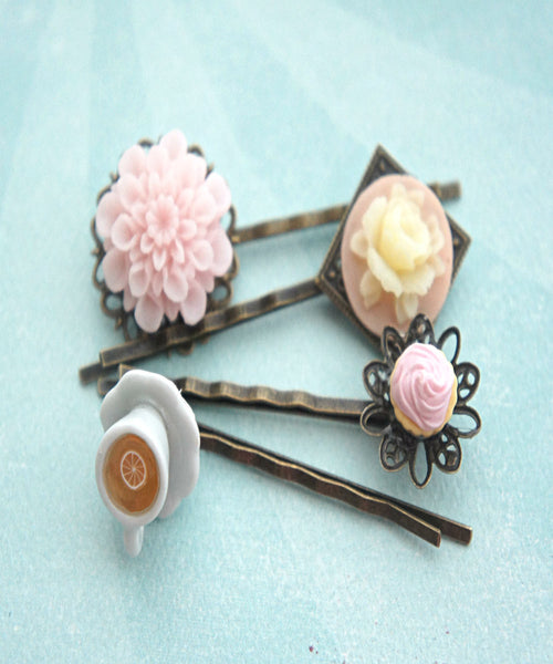 cupcake, flowers and tea filigree hair pins - Jillicious charms and accessories