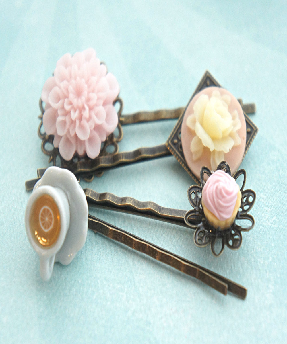 cupcake, flowers and tea filigree hair pins - Jillicious charms and accessories